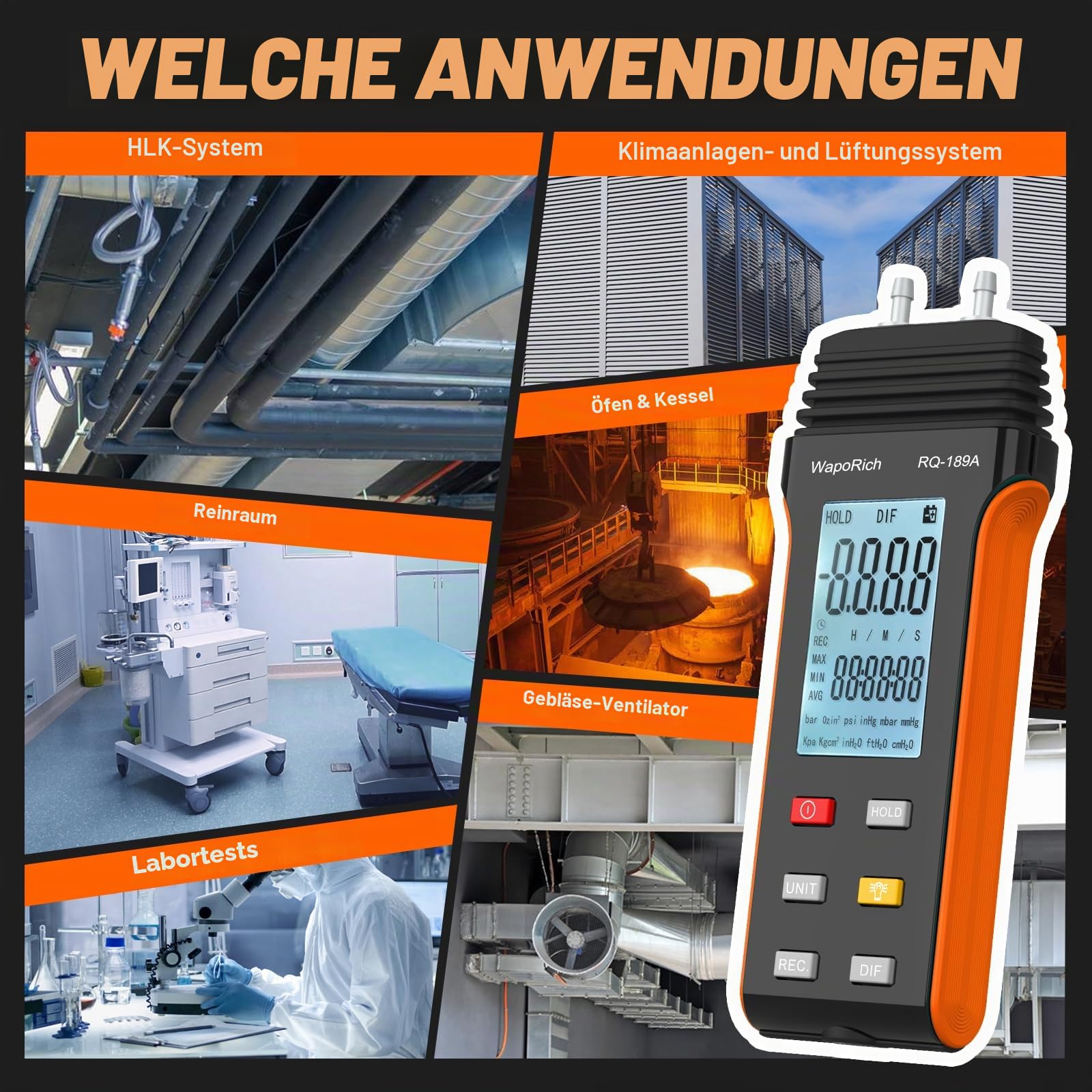 Manometer Professionellen Luftdruckmesser RQ-189A, Differenzdruckmessgerät Dual-Port-Manometer-Gasdrucktester mit 11 Selektierbaren Einheiten, Hintergrundbeleuchtung