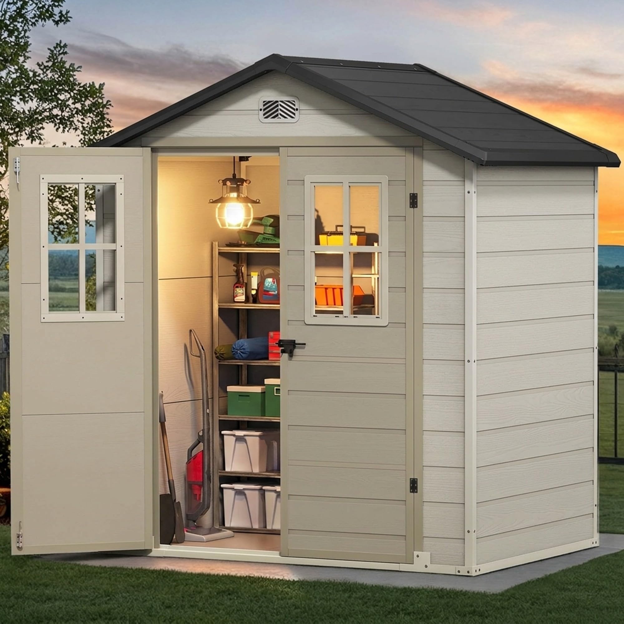 Photo 1 of ***RAMDOM HARDWARE PLASTIC ASSEMBLY PARTS ONLY****DWVO 6x4.4 FT Outdoor Storage Shed, Plastic Garden Tool Shed with 2 Windows, Double-Wall Outside Shed for Lawn Mower, Garden Tool for Backyard Patio, Lockable, Greige&Gray