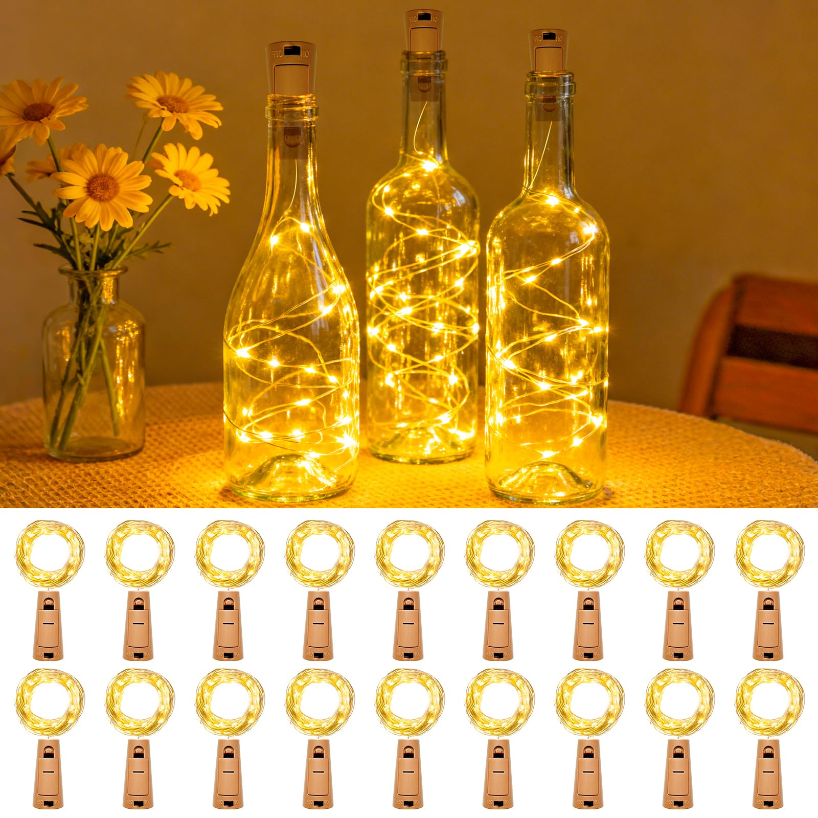 kolpop 18 Stück LED Lichterkette mit Batterie, 2M 20LED Mini Lichterkette für Außen/Innen Deko Flaschenlichter DIY, Party, Hochzeit, Weihnachten - Warmweiß