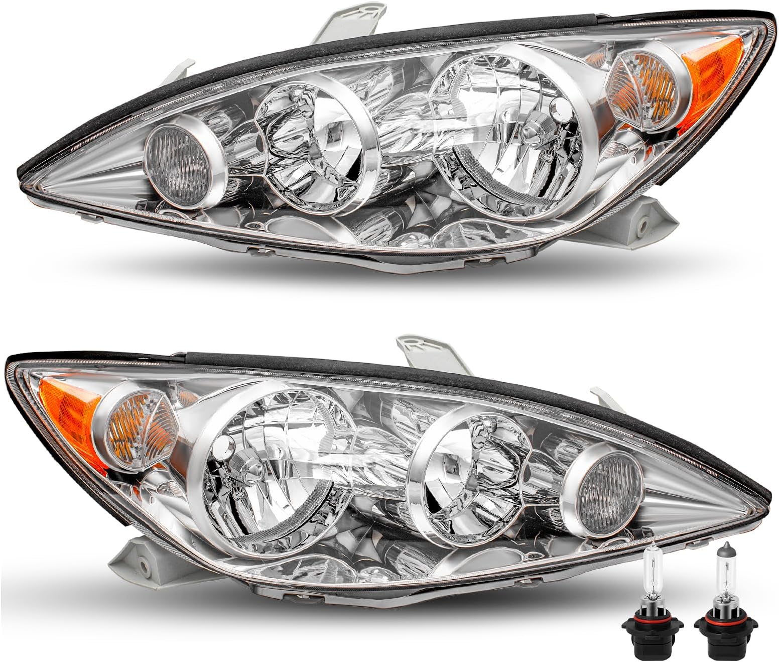 JSBOYAT Headlight Assembly Replacement for 2005 2006 Toyota Camry LE XLE SE Headlamp Bulbs Included (Chrome Housing Amber Reflector)