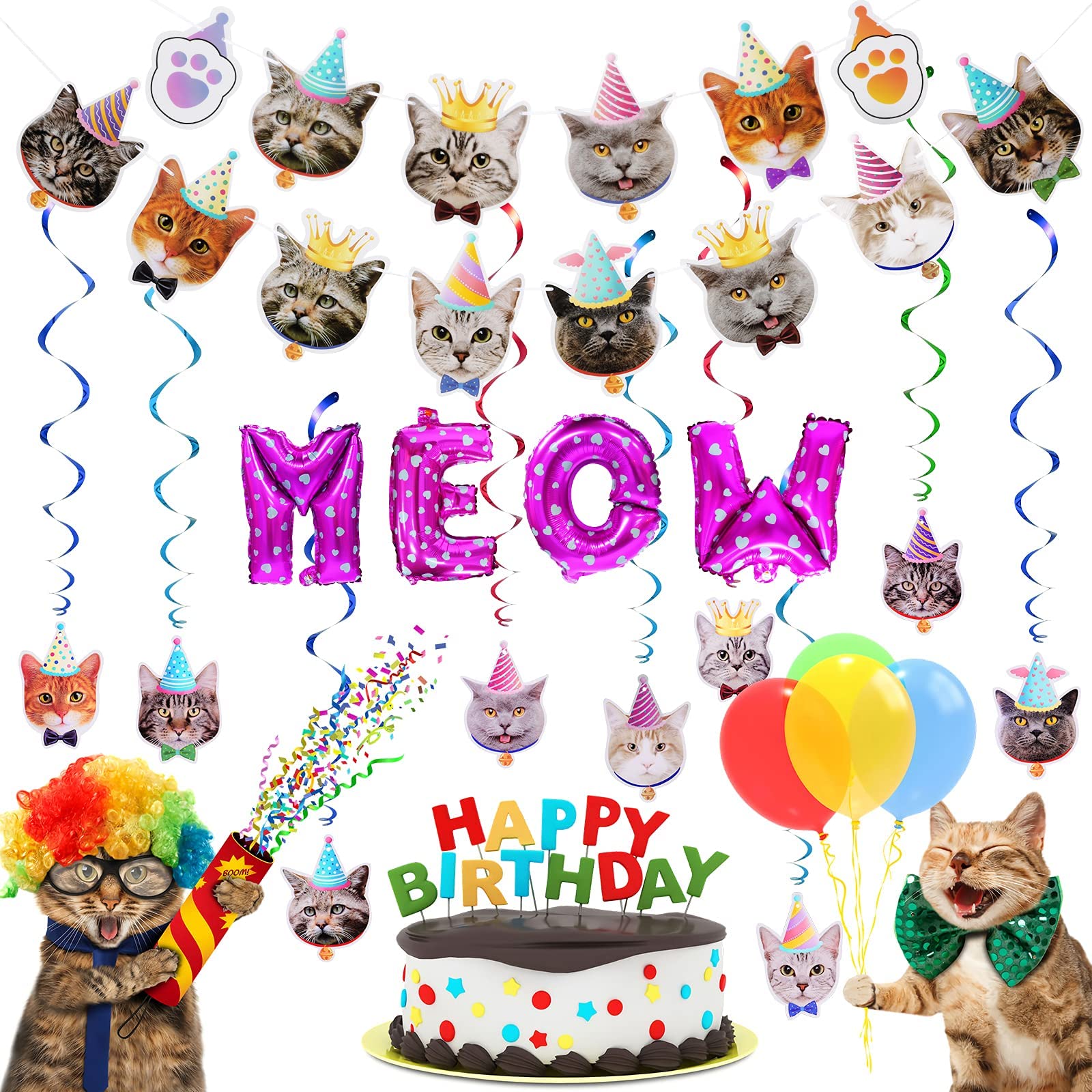 Cat Party Supplies Decorations Set Cat Face Party Banner MEOW Letter Balloon Banners and Cat Face Hanging Swirl Cat Party Supplies for Cat Lover Kids Cat Theme Birthday Party Pet Adoption Party