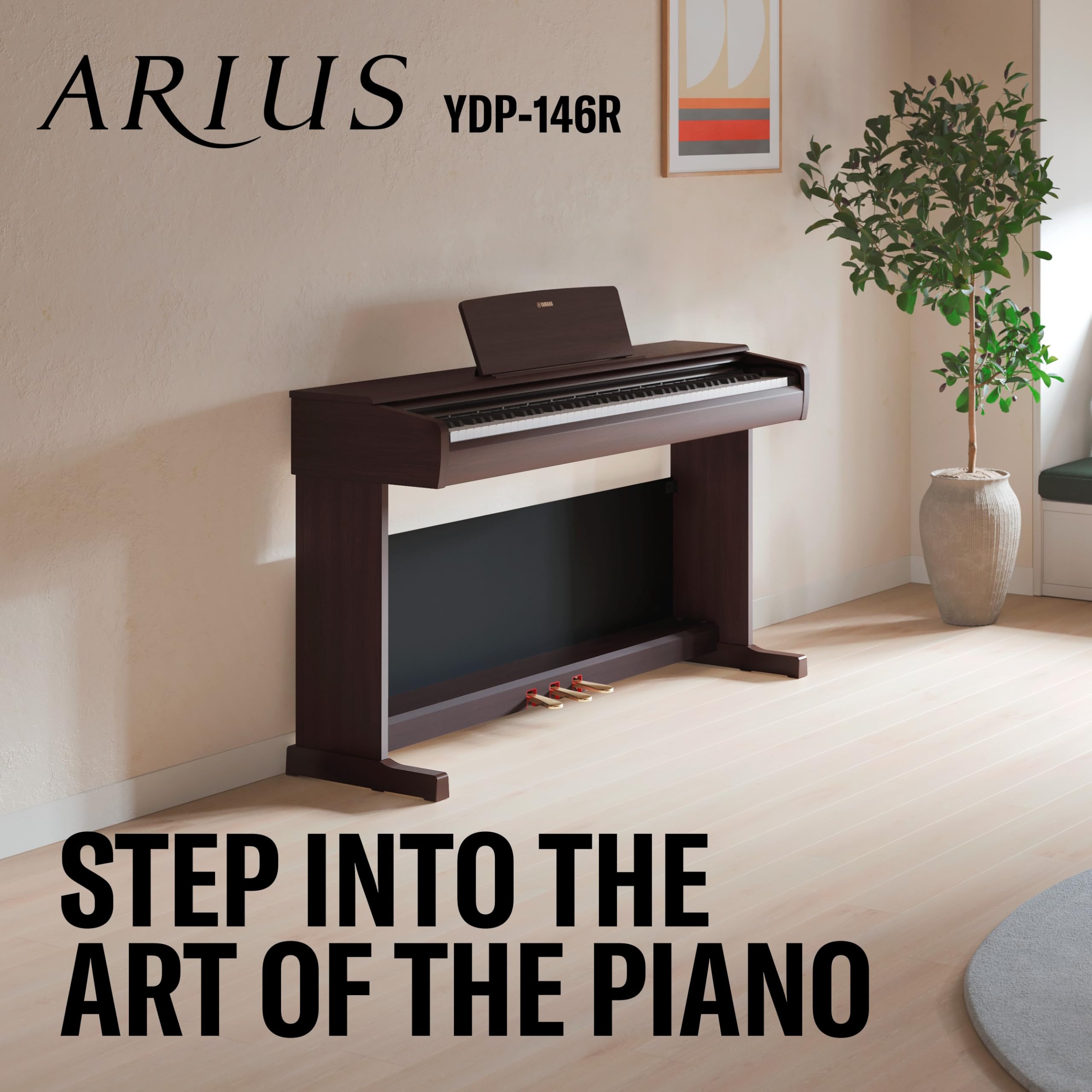 YAMAHA YDP-146 Piano Digital – 88 teclas contrapesadas (GHS), Voz de piano de cola CFX, altavoces de 8W, Bluetooth, 3 pedales, ideal para el hogar y para principiantes – Palisandro