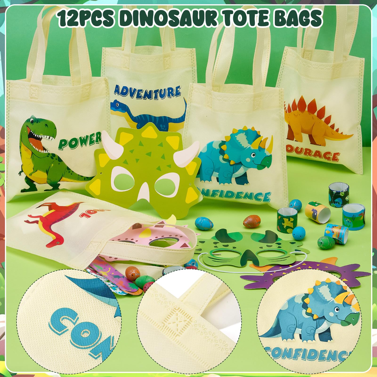 Cleboen 108Pcs Gadget Dinosauri Compleanno Ragazzo Dinosauri Uovo Maschera Borse di Tela Palloncino Segnalibro DIY Etichetta Sacchetti Compleanno Regalini Fine Festa Compleanno Dinosauri Bambini