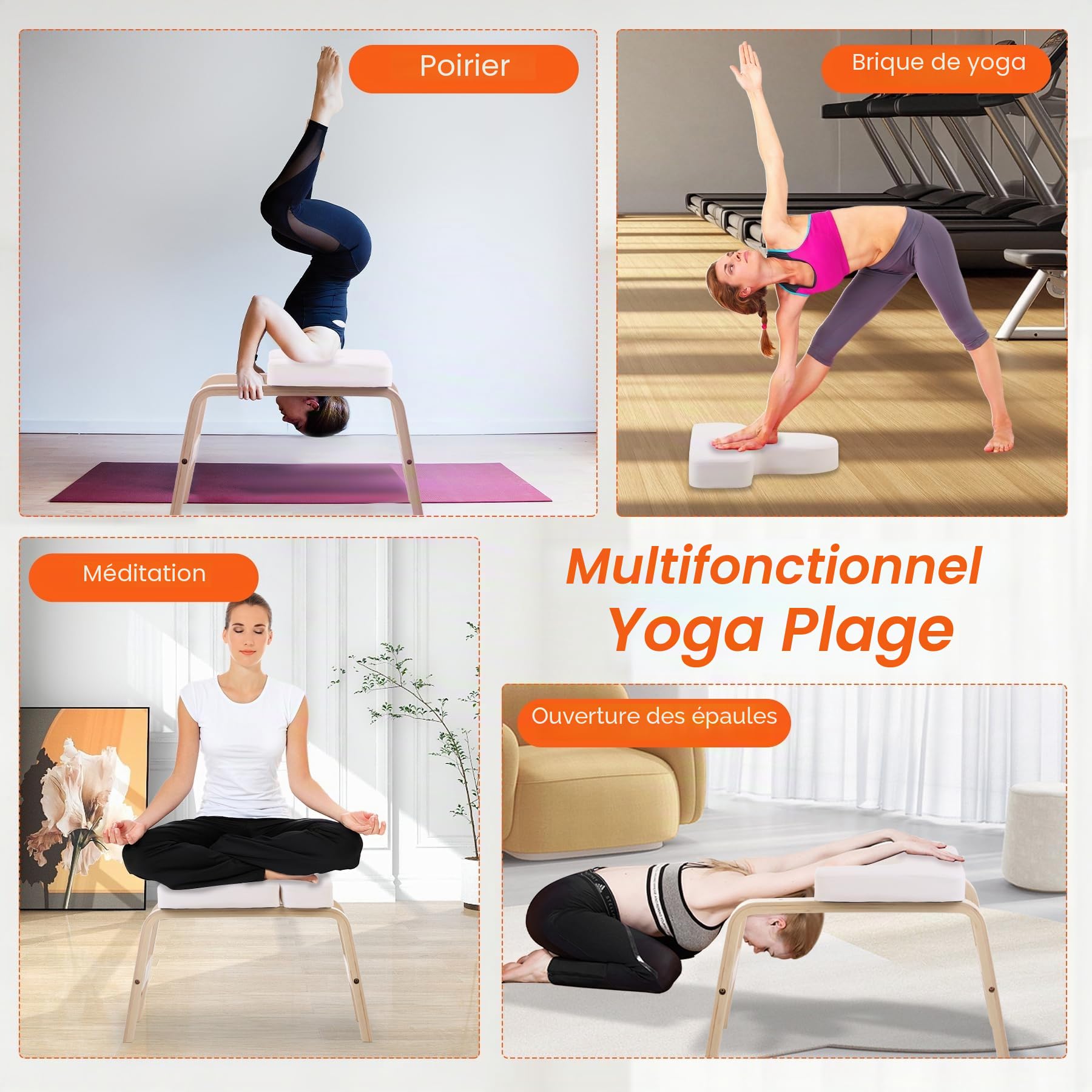 REDCAMP Tabouret de Yoga, Banc d'inversion de Yoga avec Cadre en Bois et Coussinets en polyuréthane, soulage la Fatigue, l'équilibre, Charge de 100 kg, Blanc