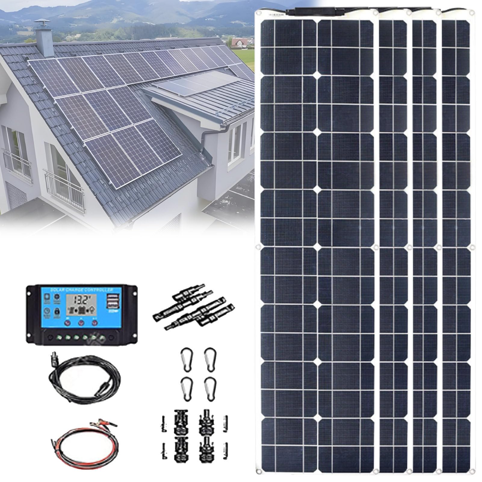 Pannello Solare, Pannello Solare Ultrasottile da 400 Watt, monocristallino ETFe stratificato Flessibile, con regolatore 40A, per Famiglia, Camper, roulotte, Barca, Bianco/Nero. 4×200w