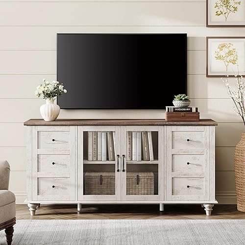 Miniatura 15 de Soporte de TV WAMPAT Farmhouse para televisores de hasta 65 pulgadas, gabinete de TV con puerta de vidrio y estante ajustable, centro de Blanco