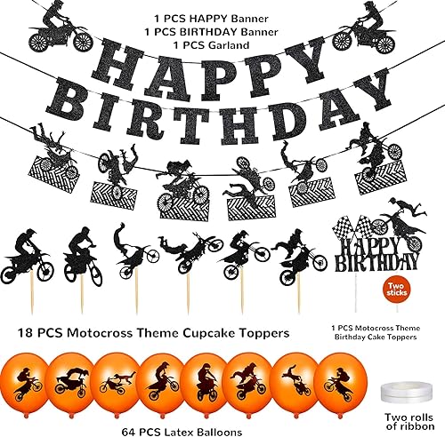 Miniatura 3 de Chalyna 84 piezas de decoración de fiesta de motocicleta, suministros de motocross, pancarta, decoración de cupcakes, globos de látex para
