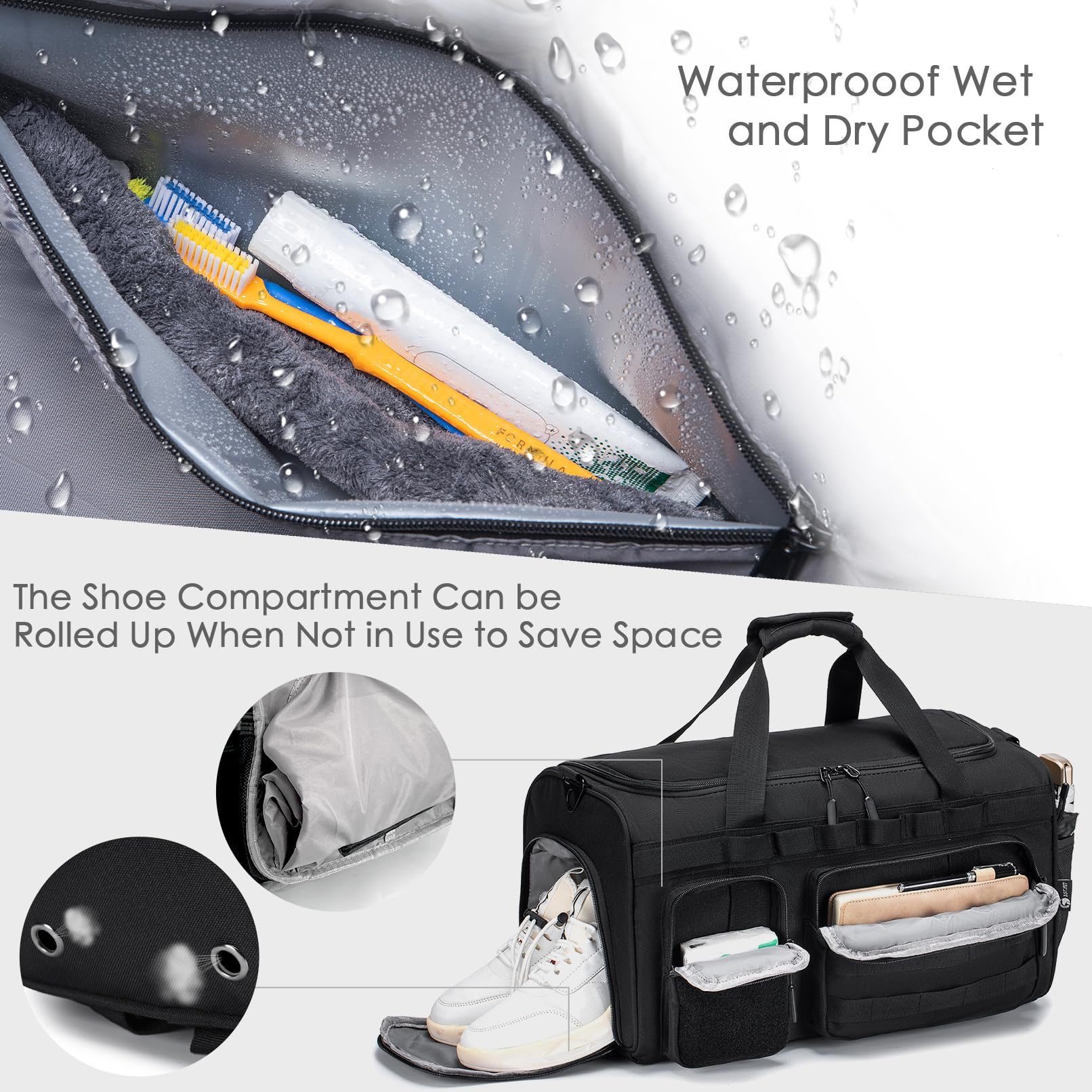 Reisetasche Handgepäck 40L，Oxford Sporttaschen mit Schuhfach Nassfach Taktischer Weekender Handtasche Duffle Bag Handgepäck Tasche Koffer
