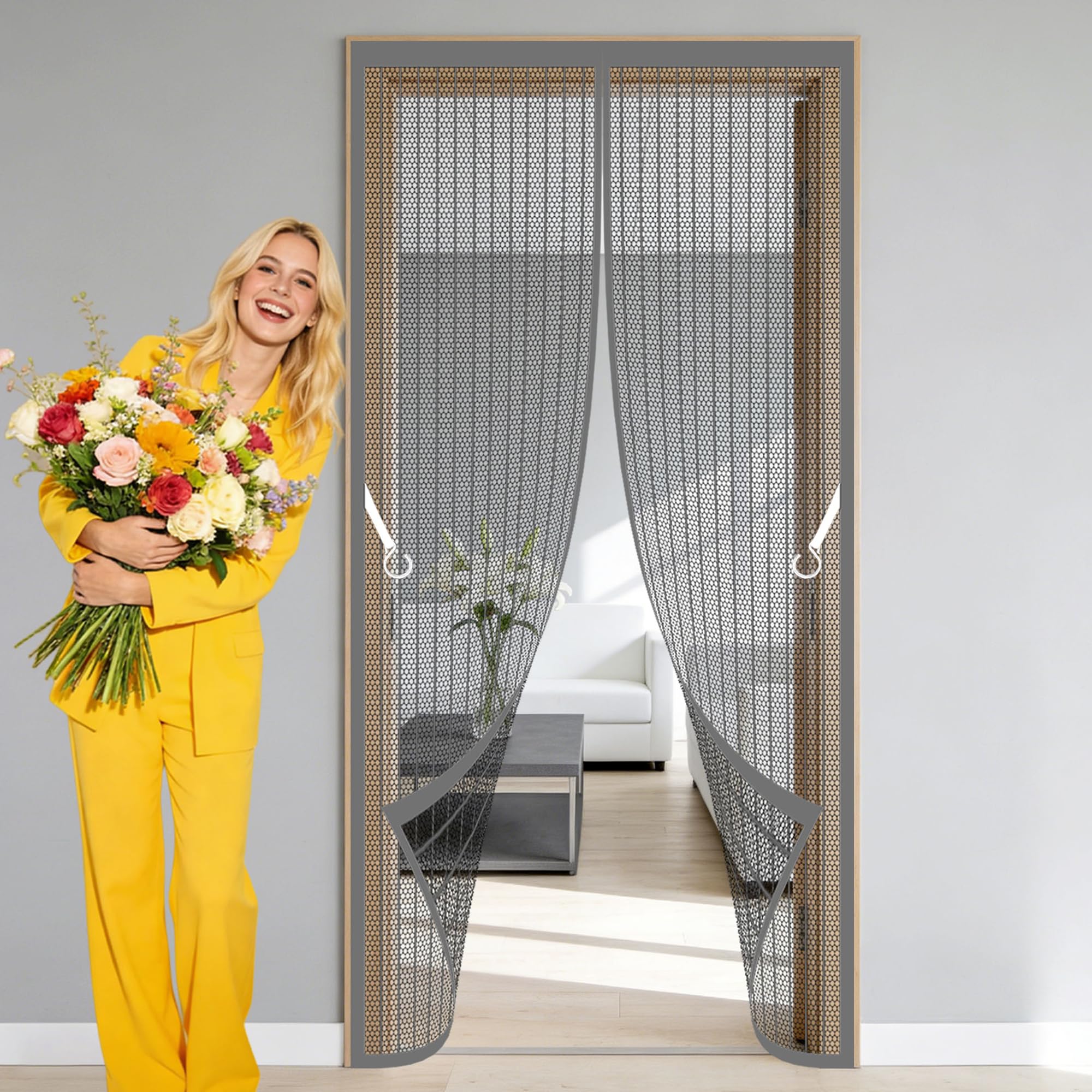 Magnetic Fly Screen 129 x 270 cm No Tools Installation Fly Screen Curtain Keep Fresh Air in Bugs Out for Living Room, Bedroom, Patio, Grey