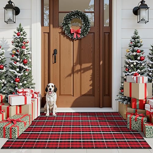 Miniatura 3 de KIMODE Tapete de Navidad para puerta de exterior de 35 x 59 pulgadas, alfombra de cuadros rojos y negros, alfombra de algodón lavable a mano,
