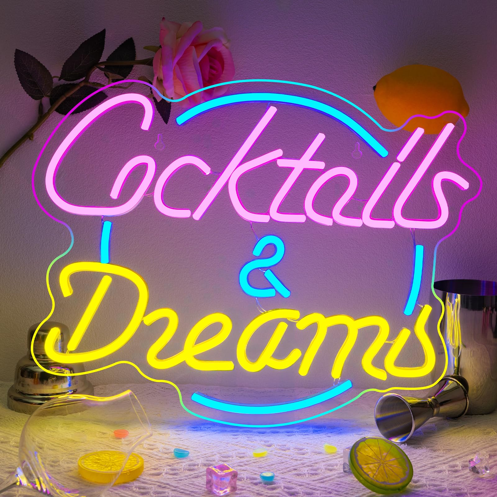 Wanxing Cocktail & Dream Insegne al neon Rosa Blu Luce al neon per la decorazione della parete Segno USB per camera da letto Casa Bar Studio Beer Club Vetrina Hotel Matrimonio Compleanno