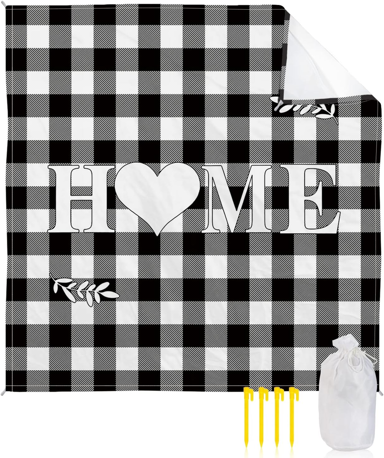 Farm Home Love Quotes Beach Blanket Waterproof Sandproof Outdoor Picnic Mat 108"x84" Black White Buffalo Lattice Lightweight Large Beaach Blankets with 4 Stake & 4 Corner Pockets