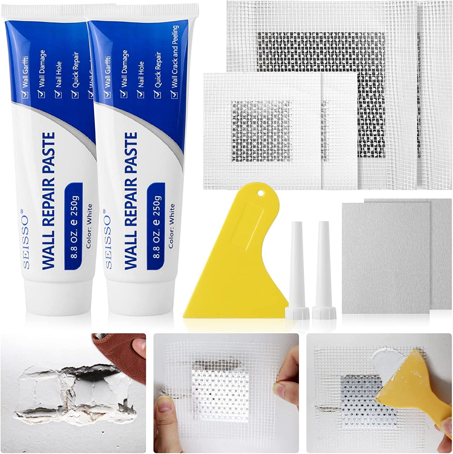 SEISSO Wandreparatur Creme 250g x 2, Spachtelmasse Wand für Schnelle Reparaturen, 4x Wandreparatur Patch, Spachtelmasse Weiß Innen zur Reparatur von Rissen, Löchern, Peeling