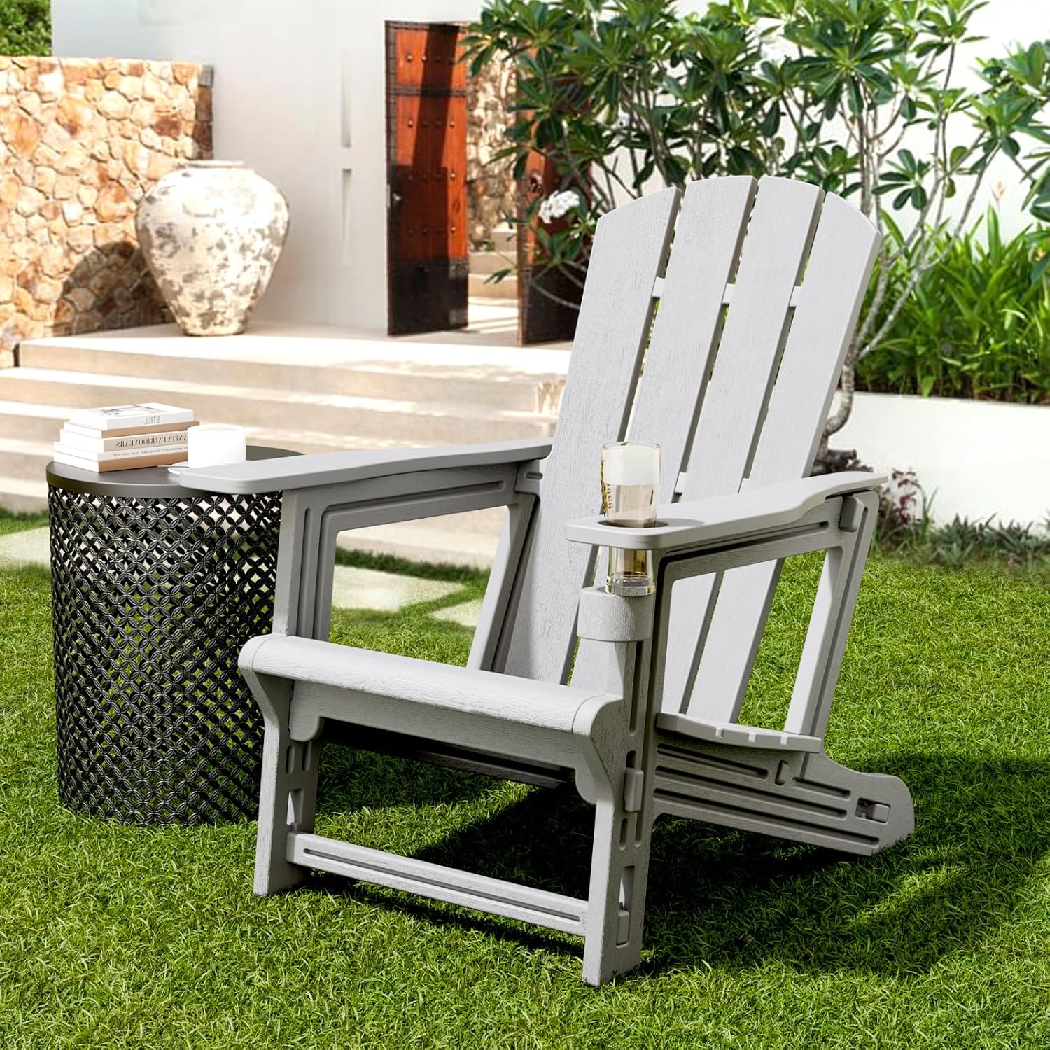 Adirondack Chair, Adirondack Plastic Patio Chairs with Cup Holder, Without Screws Install, Outdoor Funiture for Backyard Garden Lawn Beach, 400 LBS Capacity, Grey