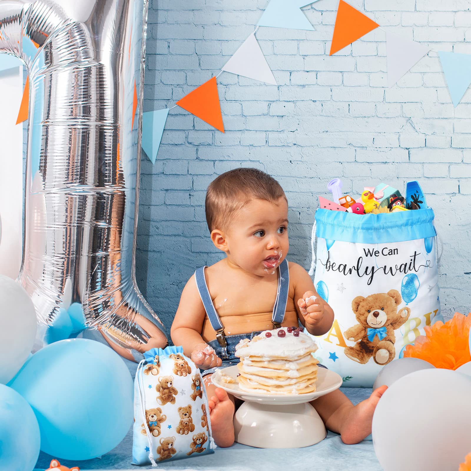 Chapou 4 szt. Niedźwiedź Baby Shower Torby na prezenty z tkaniny wielokrotnego użytku Torby na prezenty 'We Can Bearly Wait' torby na prezenty 50 cm duże 30 cm średnie torby na prezenty do pakowania