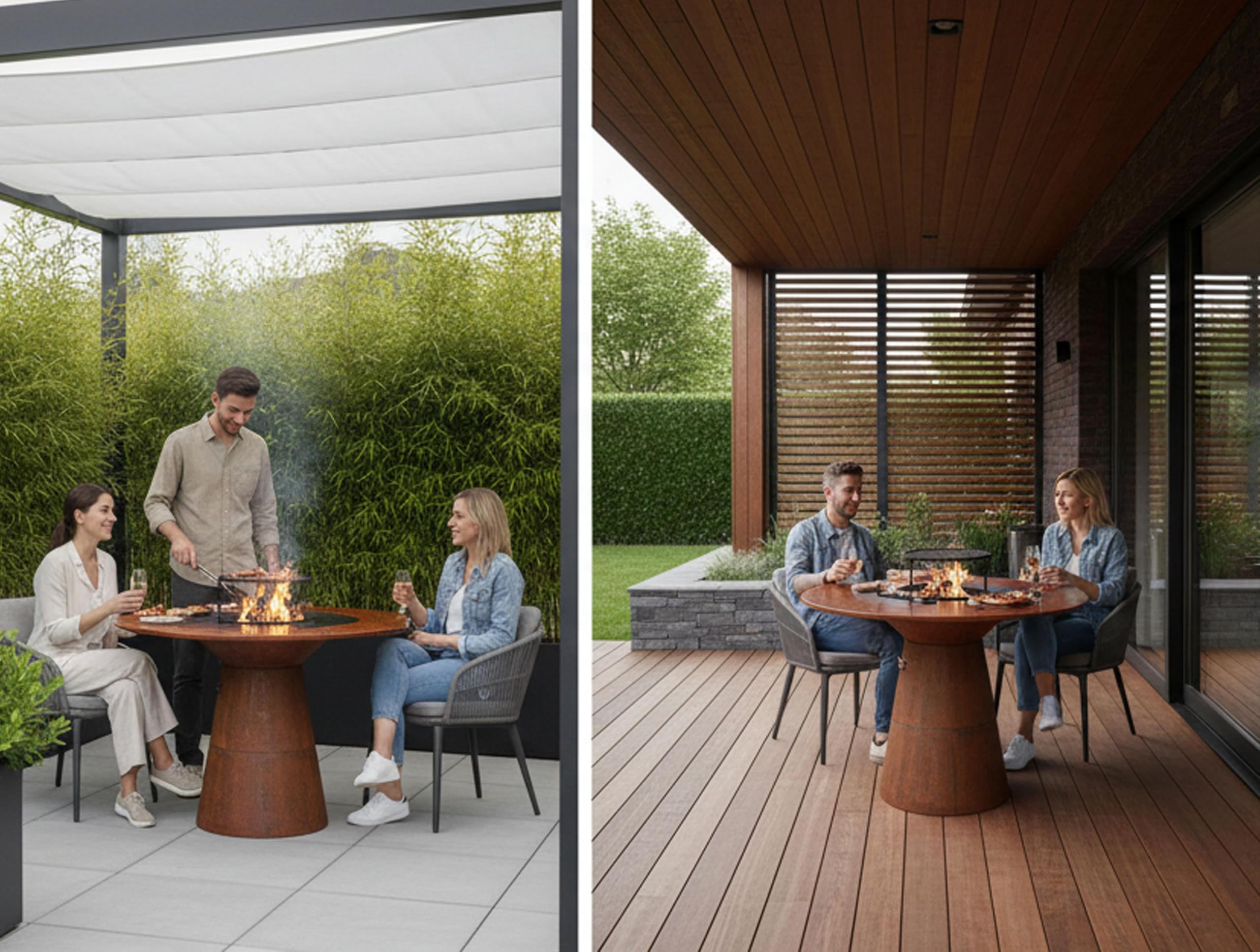 PURLINE | Barbecue rotondo con piastra in acciaio per giardino, terrazzo o patio esterno - Griglia circolare con bordo perimetrale in legno naturale e ampia superficie di cottura (EFP59CO WOOD)