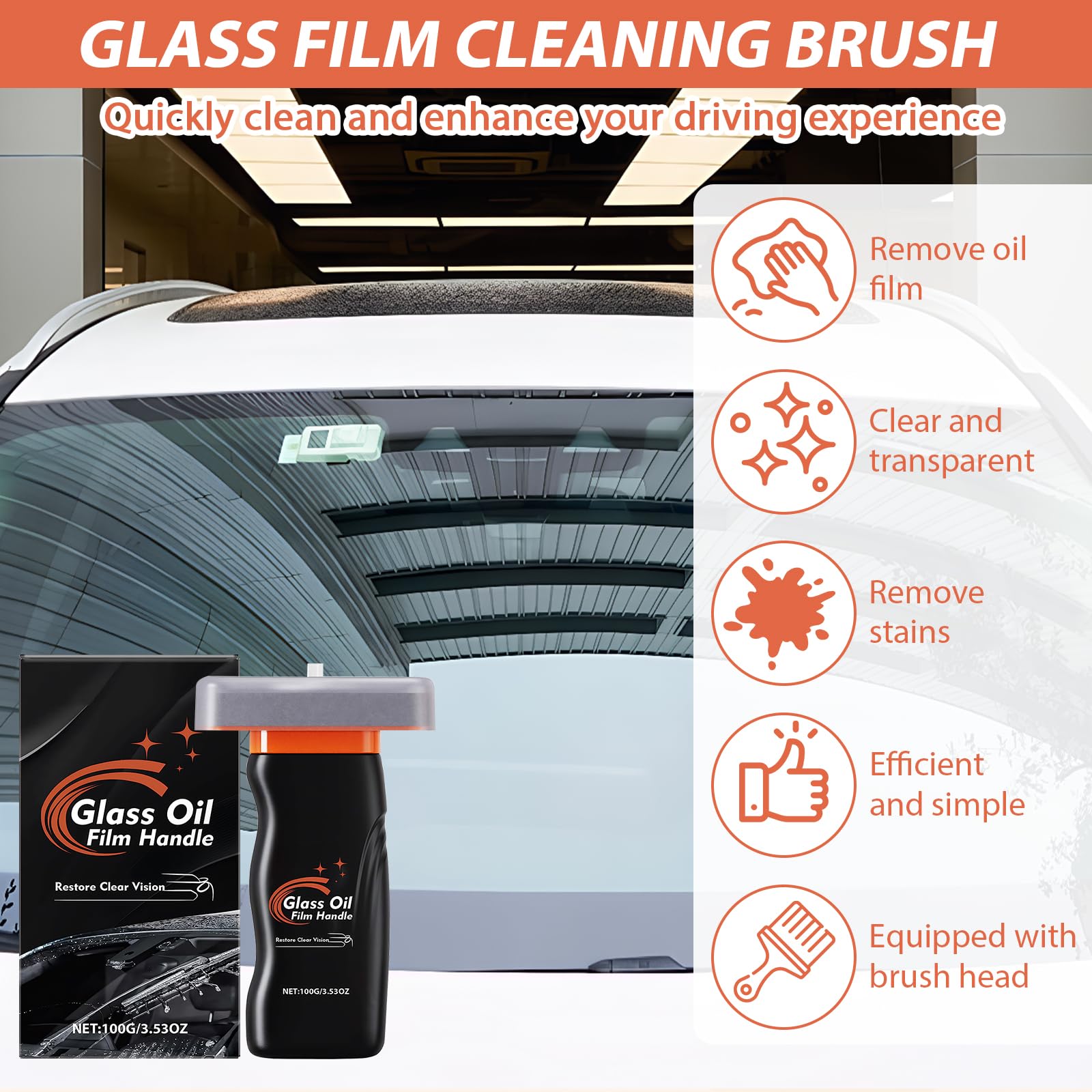 Limpiador De Película De Aceite Para Cristales De Coche, Pack De 2 Emulsión Limpiadora Con Cepillo,Adecuado Para Cristales Y Ventanas De Automóviles.