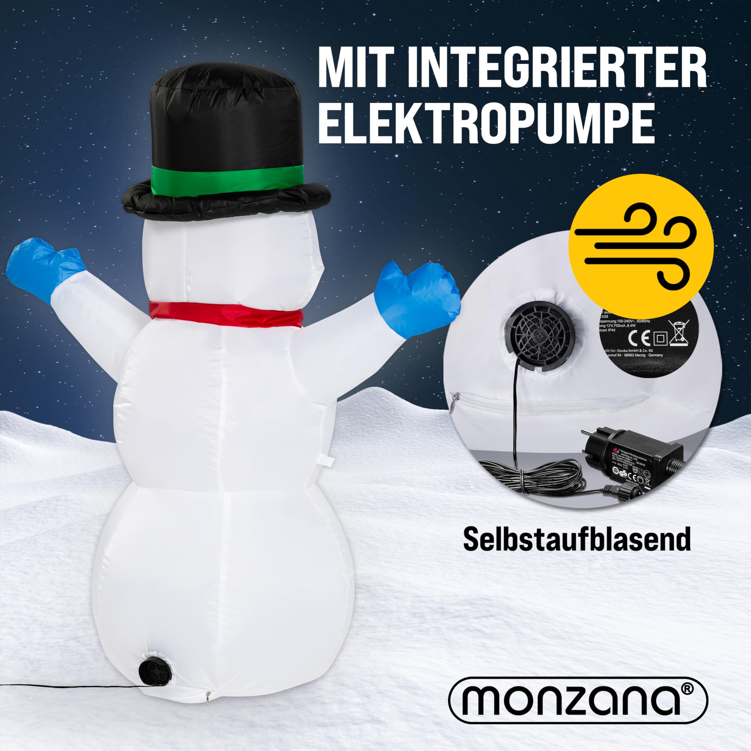 Monzana Opblaasbare Sneeuwman XXL 240cm LED Kerstverlichting IP44 Buiten Weerbestendig Kerstversiering Kerstfiguur