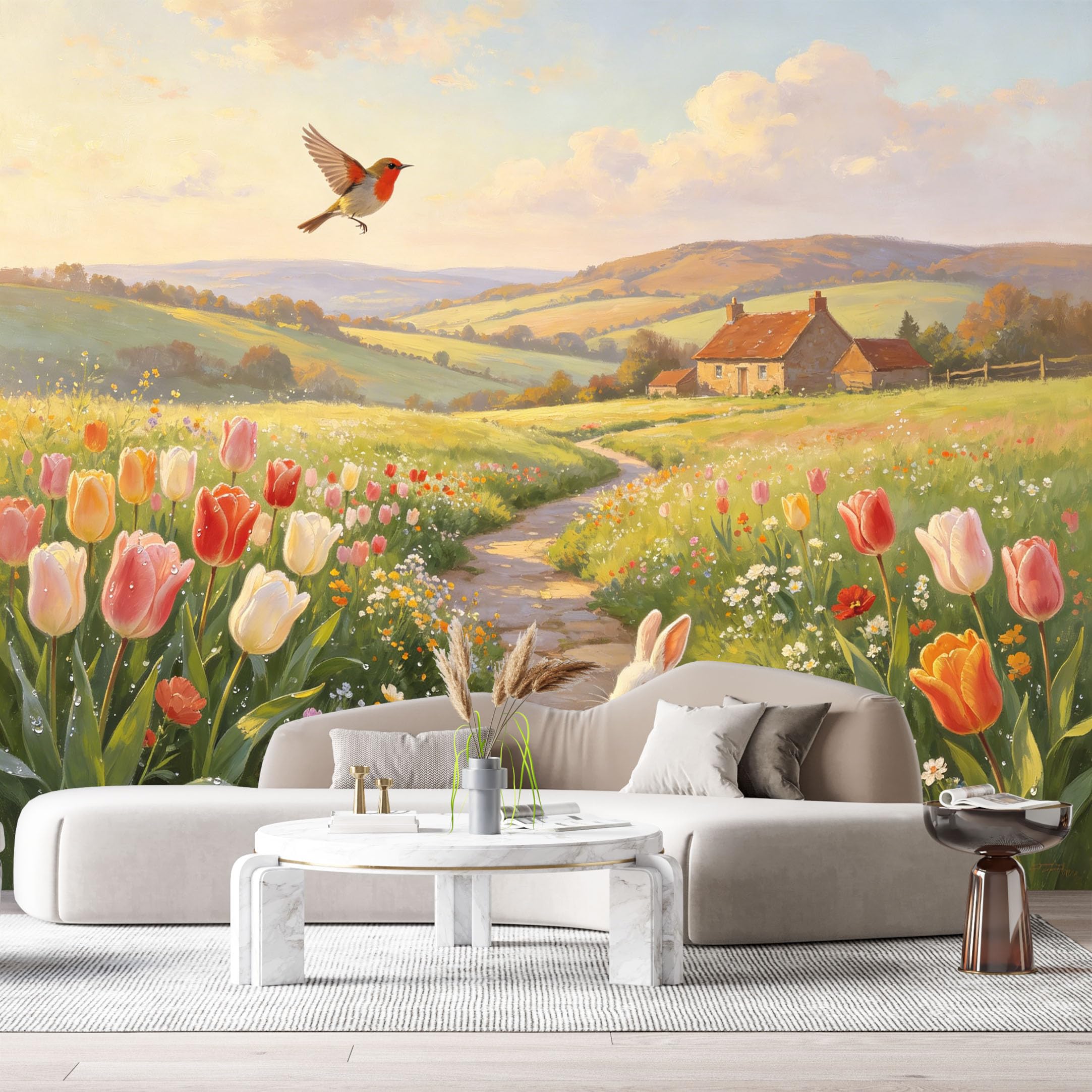 Custom Size Wall Murals Farmhouse American Country Oil Painting Tulip Field Bird Rabbit Stone Path SelfAdhesive Wall Fabric Removable Large Wallpaper Photo for Living Room