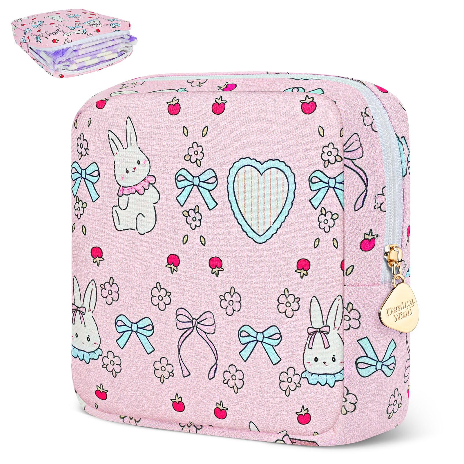 Sanitary Pad Storage Bag Portable Period Bag for Teen Pads/Sanitary Napkins/Small Tampons, Sanitary Napkin Storage Bag First Period Gifts for Teen Girls (Bowknot Rabbit)