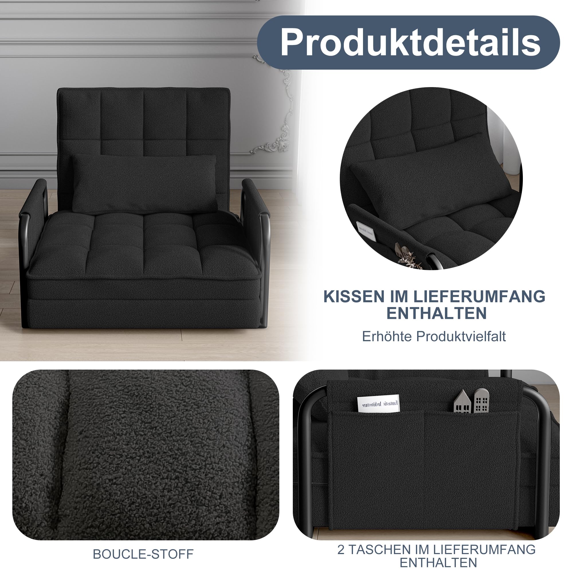 Składana sofa do spania 2 w 1, fotel do spania z poduszką i kieszenią boczną, regulowany fotel składany z funkcją łóżka (czarna tkanina jagnięca, 82 cm x 73 cm/180 cm x 55 cm/15 cm)