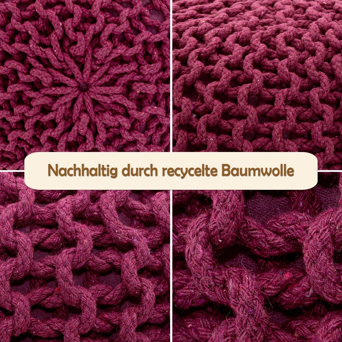 Sitzpouf Strickhocker Pouf Ø45 H30cm Bodenkissen Indoor Baumwolle nachhaltig recycelt Farbe Bordeaux