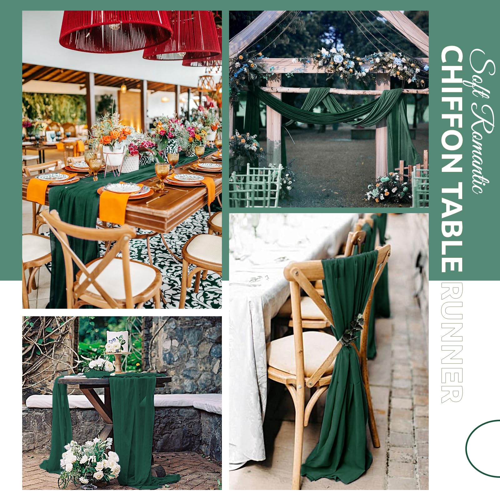 Horbaunal Chemin De Table En Mousseline De Soie Transparente De 3 M - Style Romantique Et Bohème - Décoration De Table Pour Fête De Mariage, Fête Prénuptiale, Fête Prénatale, Vert Foncé