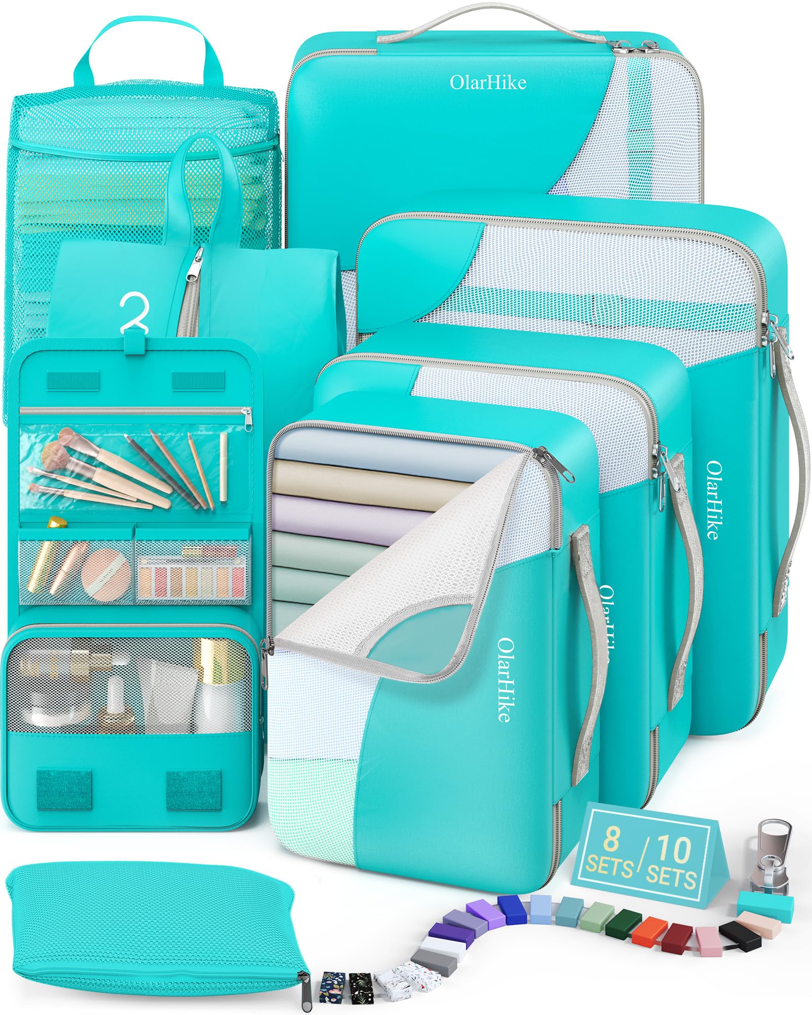 8 Set Packing Cubes for Travel, Gifts for Women Mom,Anti-Tearing Suitcase Organizer for Luggage with Shoe & Hanging Toiletry Bag,OlarHike Vacation