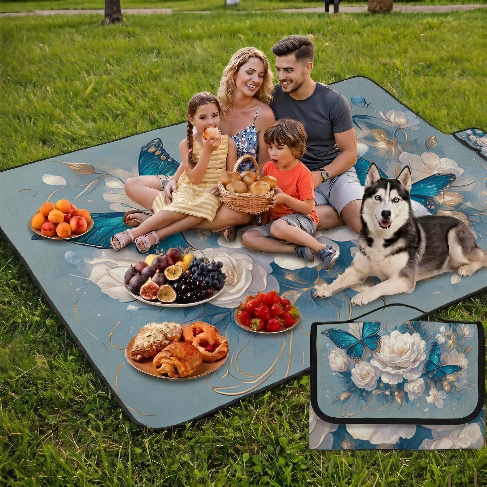 Couverture Pique Nique Grande 200x300cm,Outdoor Couverture Imperméable,Pliable Tapis de Plage Dos en PVC,Picnic Blanket pour Camping Accessoires,Jardin,Parc,Famille - Papillons,Fleurs (2) UZ-989