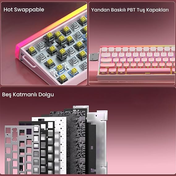 Aula Hero 68 He Magnetic Keyboard Rapid Trigger Black King Switch 8000Hz RGB Neon TKL Hot Swap Player Keyboard Pink