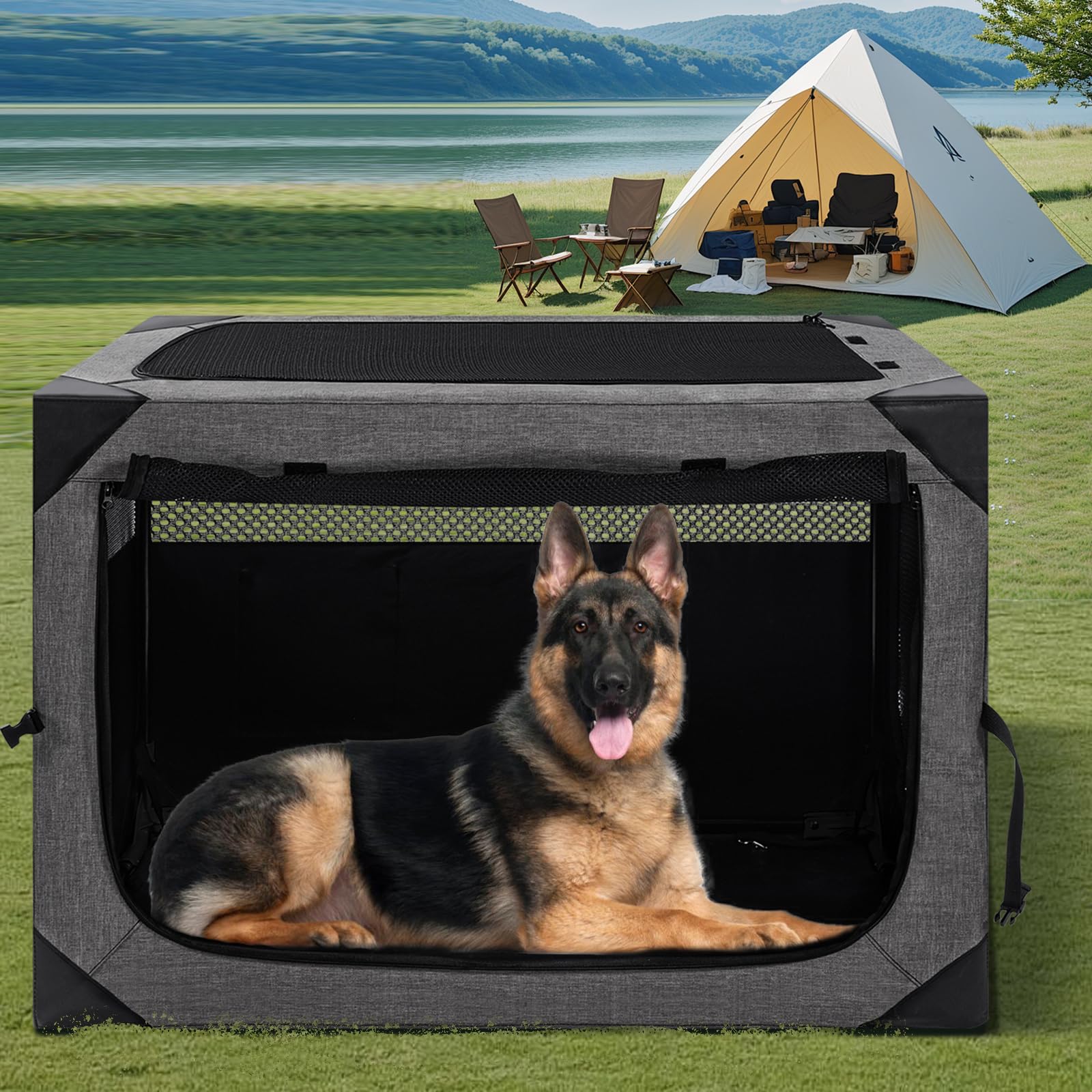 36 Inch Portable Travel Dog Crate, 3 Door Collapsible Soft Pet Kennel with Durable Mesh Windows for Medium Dogs, Foldable Dog Cage with Storage Pocket for Outdoor (Dark Grey)