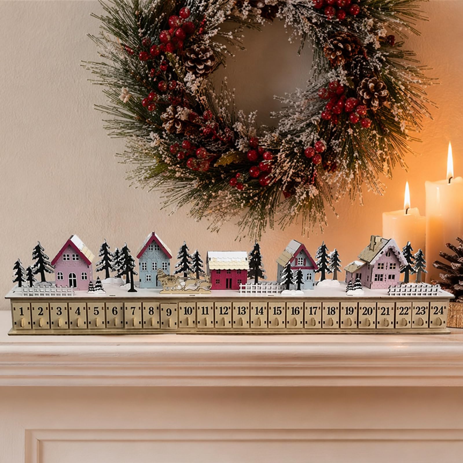 Calendario dell'Avvento in legno con villaggio di Natale luminoso, a batteria, decorazione natalizia con 24 cassetti riempibili, decorazione per conto alla rovescia per 24 giorni, decorazione