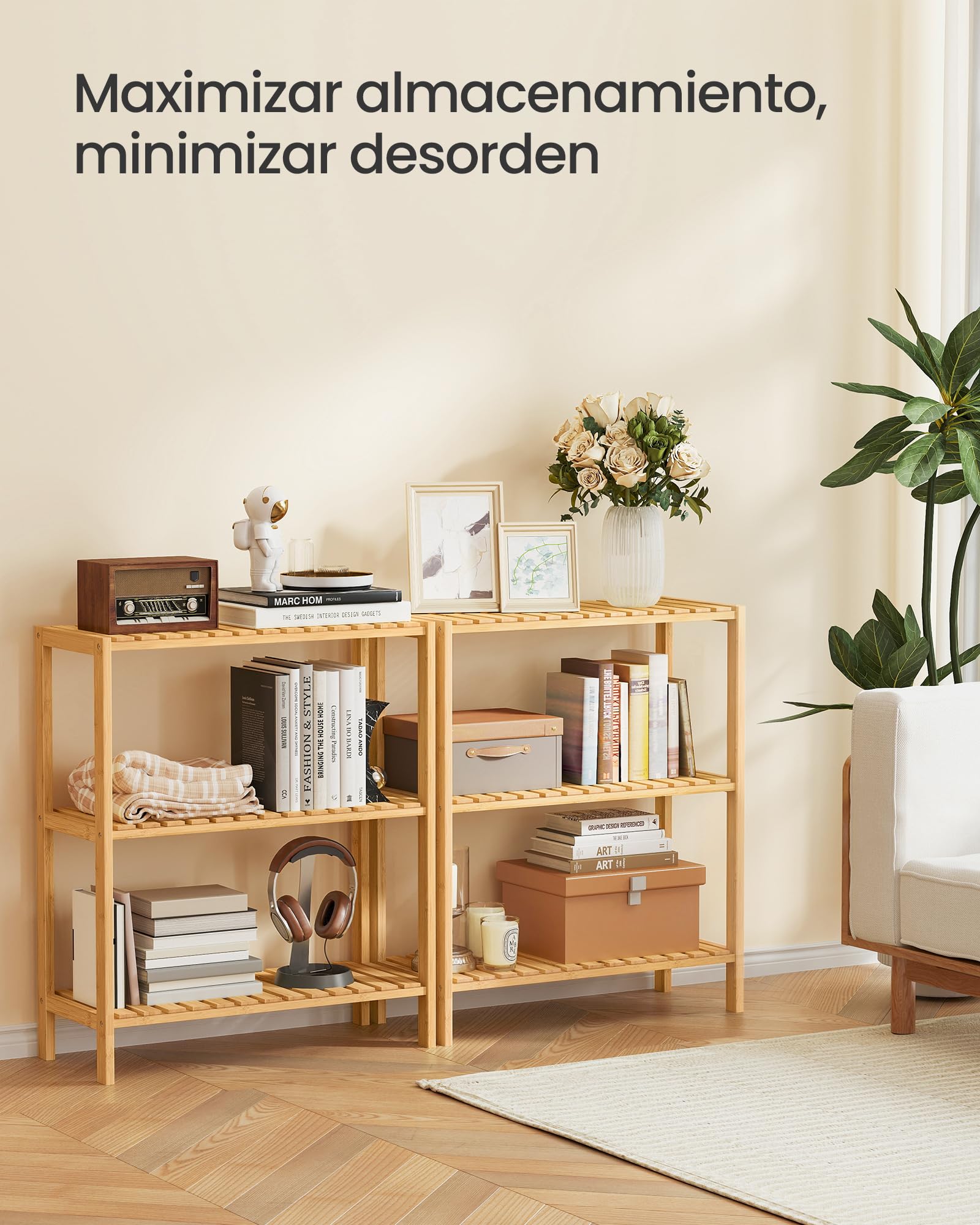 SONGMICS Estantería de Baño de Madera, Estantería Almacenaje, Estante de Plantas de 3 Niveles, para Baño, Sala de Estar, Balcón, Cocina, 26 x 60 x 66 cm, Natural BCB33Y
