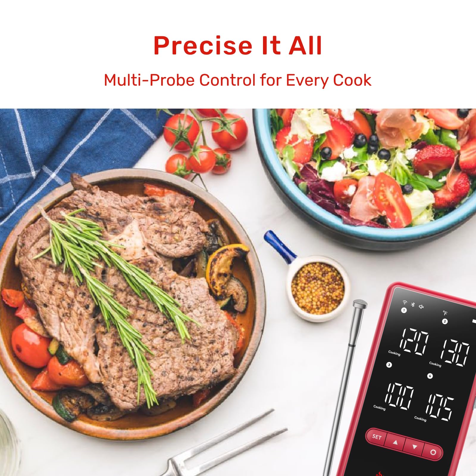 Bluetooth Meat Thermometer Wireless, 4 Probes, Standalone Base | 6 Sensors With ±0.18°F Accuracy, WiFi, IP69 Waterproof, AI-Guided Cooking, for Kitchen, BBQ, Grill, Oven, and Smoker (Z Pro)