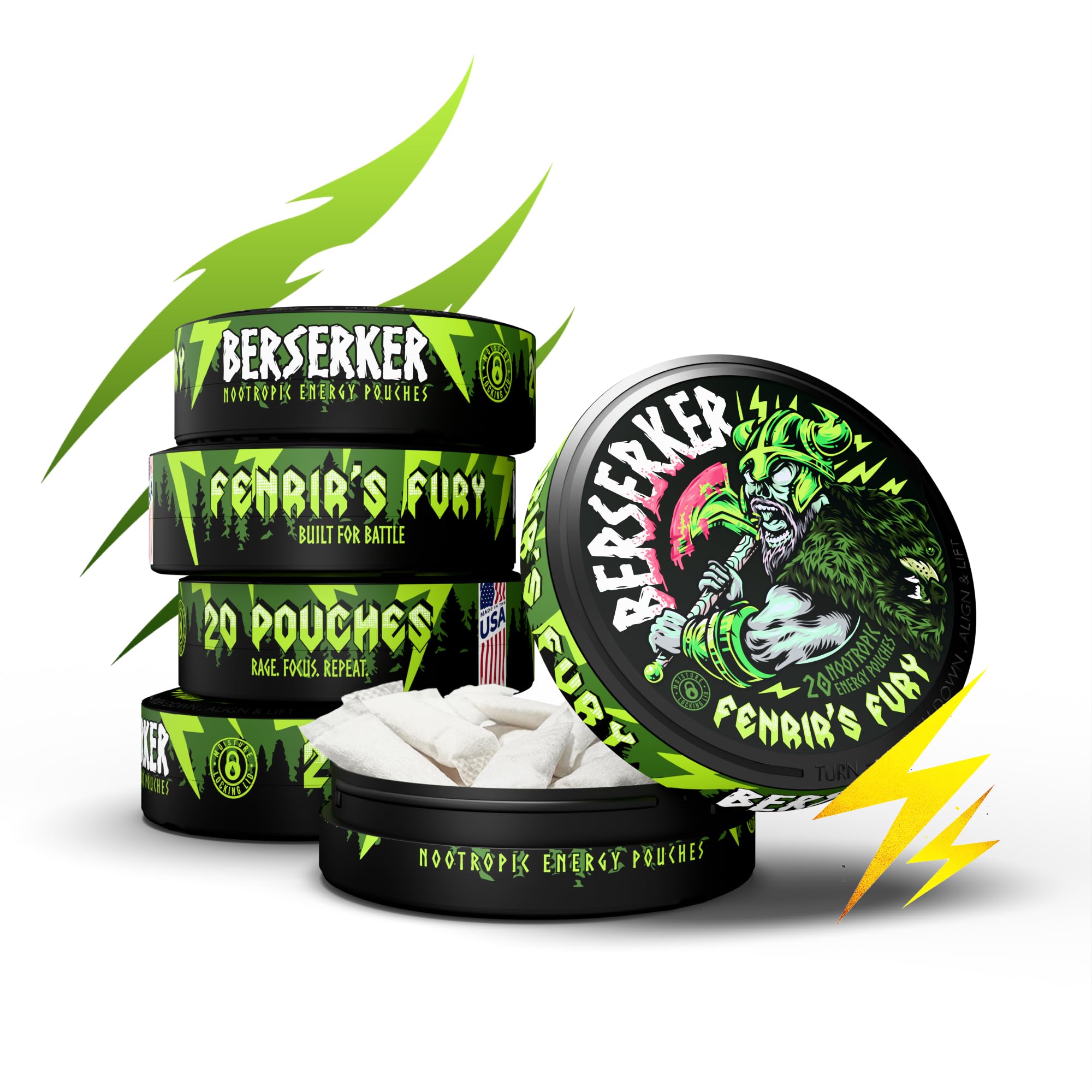 Berserker Focus Pouches - Fenrir's Fury - Caffeine Infused - 100mg Per Pouch - Nootropic Enhanced - 5 Pack - Tobacco & Nicotine Free - Energy Drink Replacement