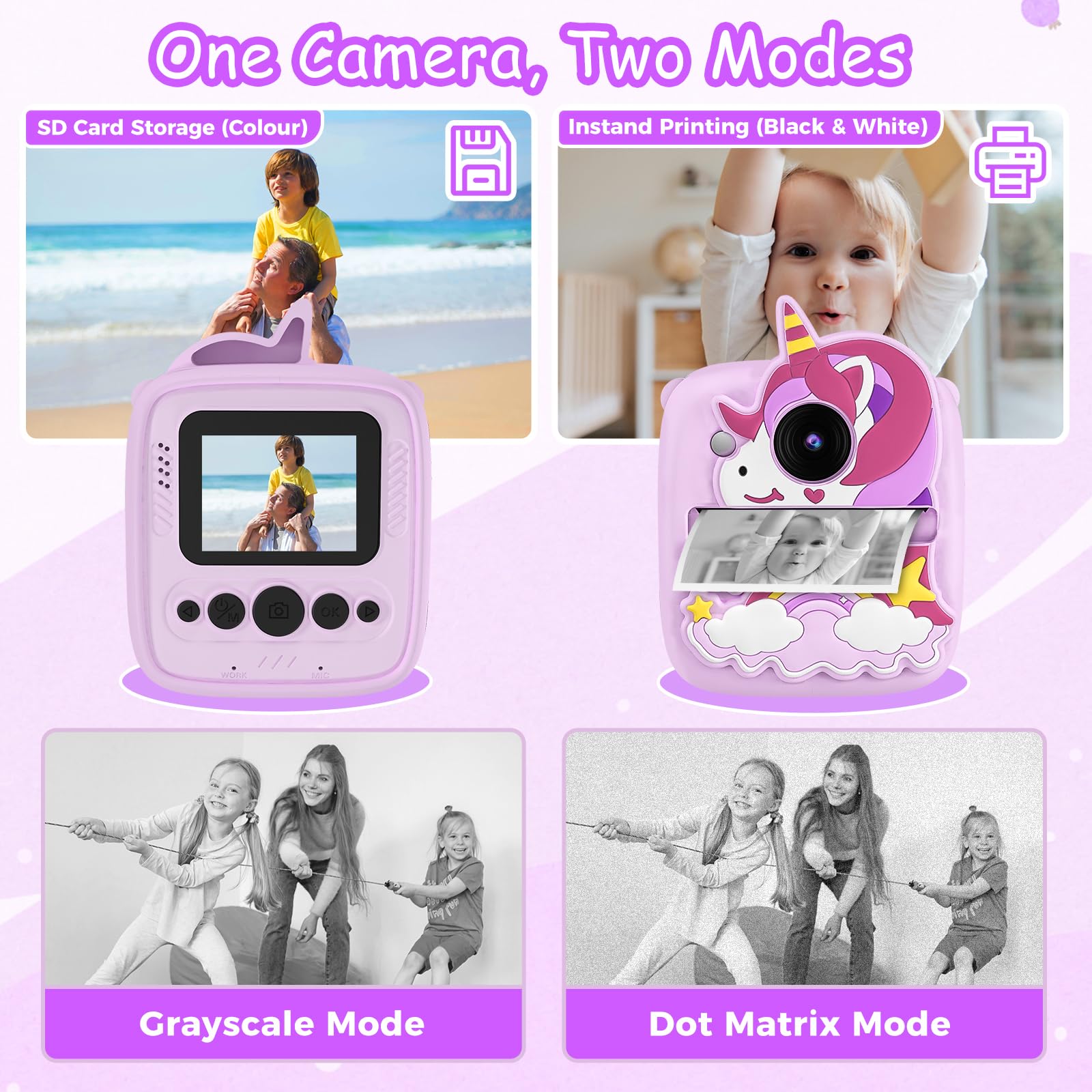 Appareil Photo Instantané Enfants, 1080P HD 48MP Appareil Photo Enfants avec 32GB Carte, 3 Rouleaux de Papier d'impression & Étui Protection en Silicone Unicorn, Cadeaux de Noël pour Garçon 3-12 Ans