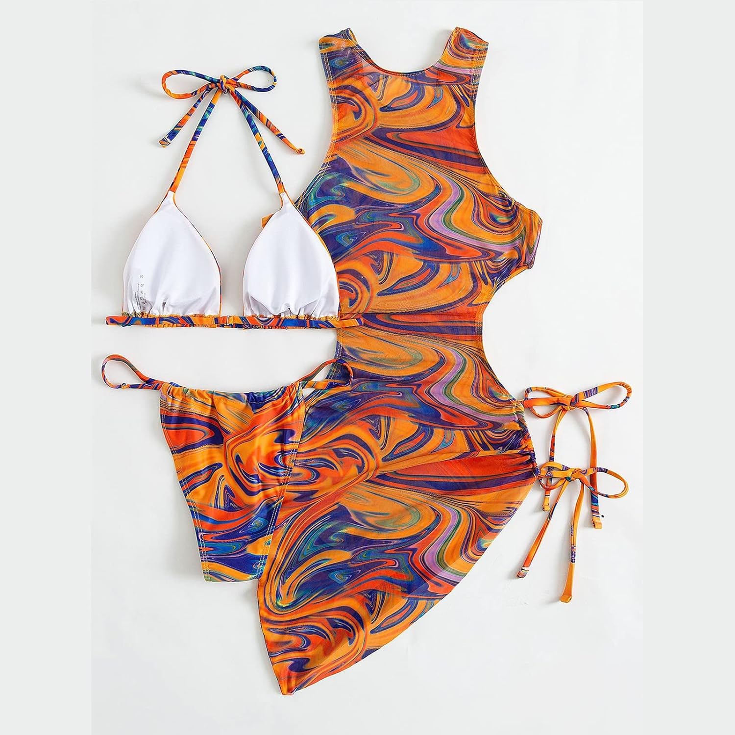 3 Piece Swimsuits for Women Padded Floral Print String Bikini Sets Bathing Suit Set Sexy Cutout High Neck Mesh Beach Cover Up
