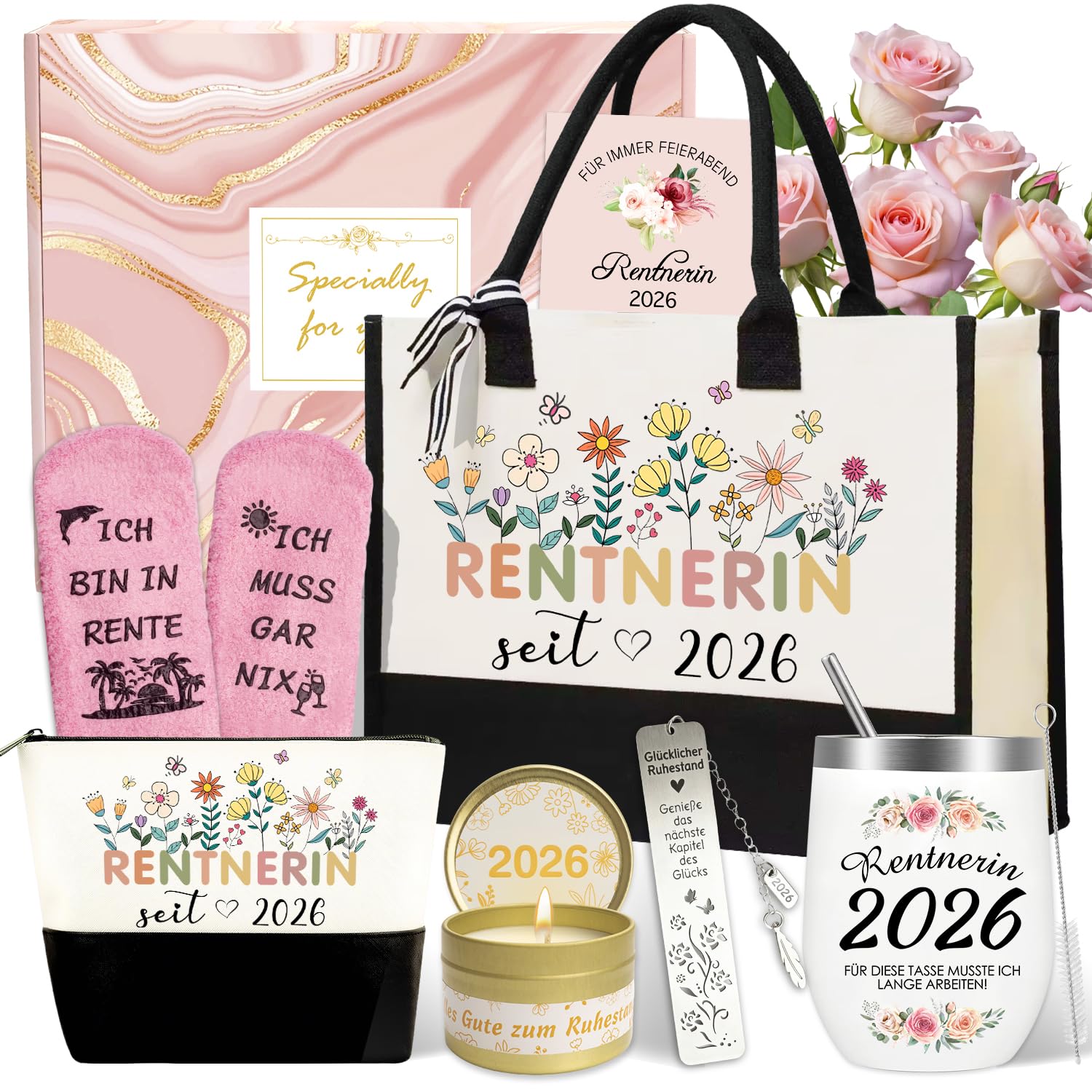 Renteneintritt Geschenk Frau, Ruhestand Geschenk Frauen 8 Stück Set mit Weinbecher aus Edelstahl, Lustige Socken, Jutetasche, Geschenkideen zum Renteneintritt 2026 für Rentne Frau, Lehrerin, Kollegin