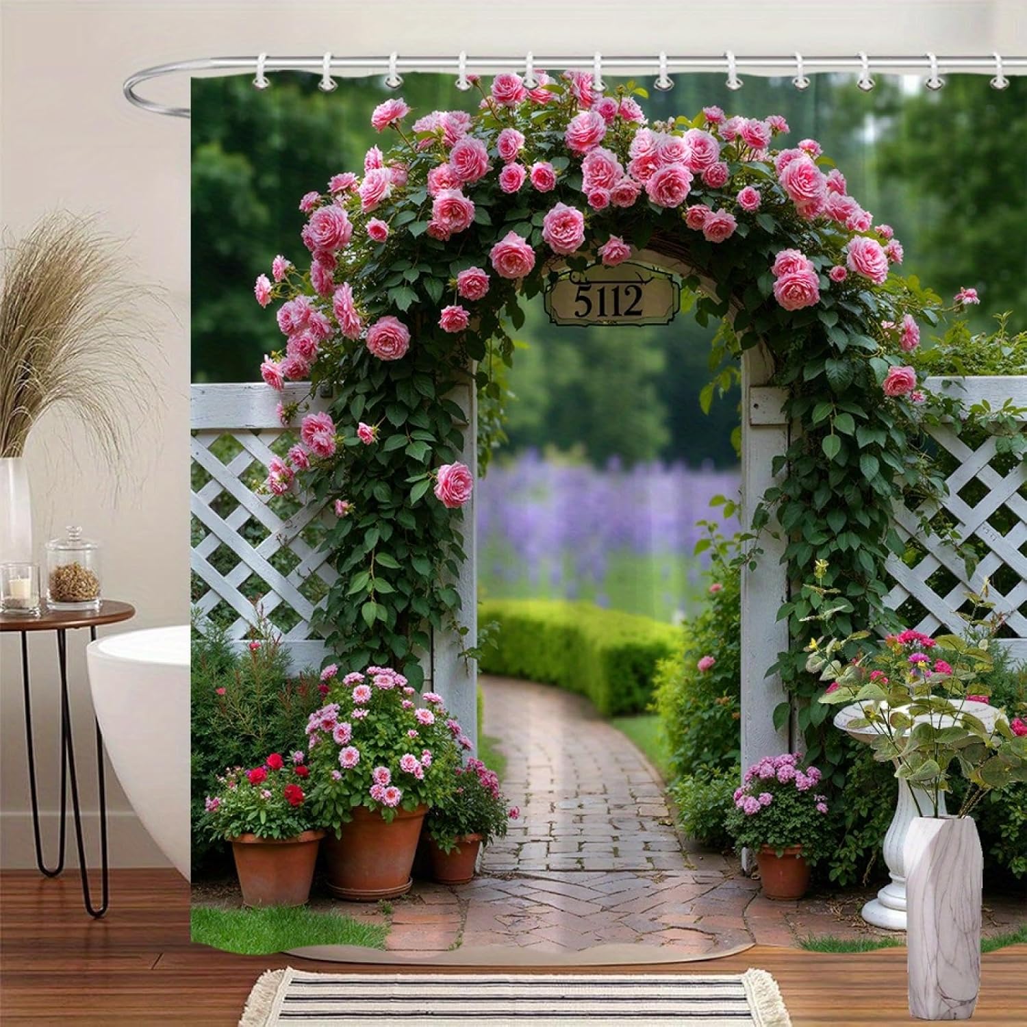 1pc Garden Entrance with Pink Roses Shower Curtain, Romantic and Tranquil Bathroom Decor Polyester Fabric Shower Curtain 30x79in-75x200cm/WxH