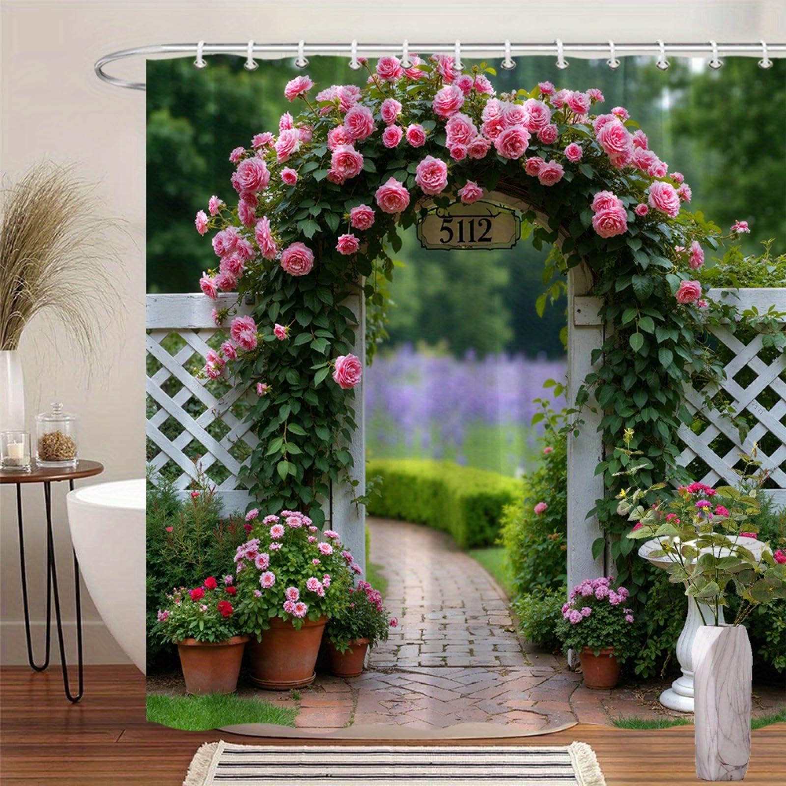 Rideau de douche en tissu imperméable rose jardin 130x200cm pour salle de bain romantique
