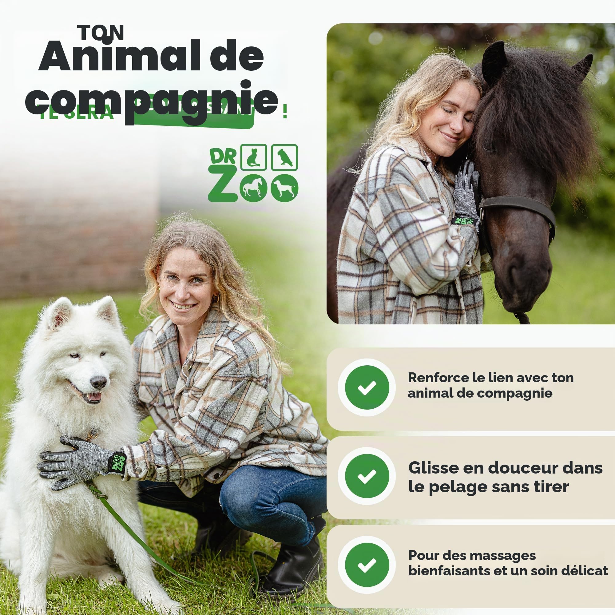 DR Zoo Gant de toilettage pour chien, chat ou cheval - (1 paire, taille L) - Gant pour le toilettage de tous les poils de chien et de chat - Gant de toilette pour tous les poils d'animaux - Gants de