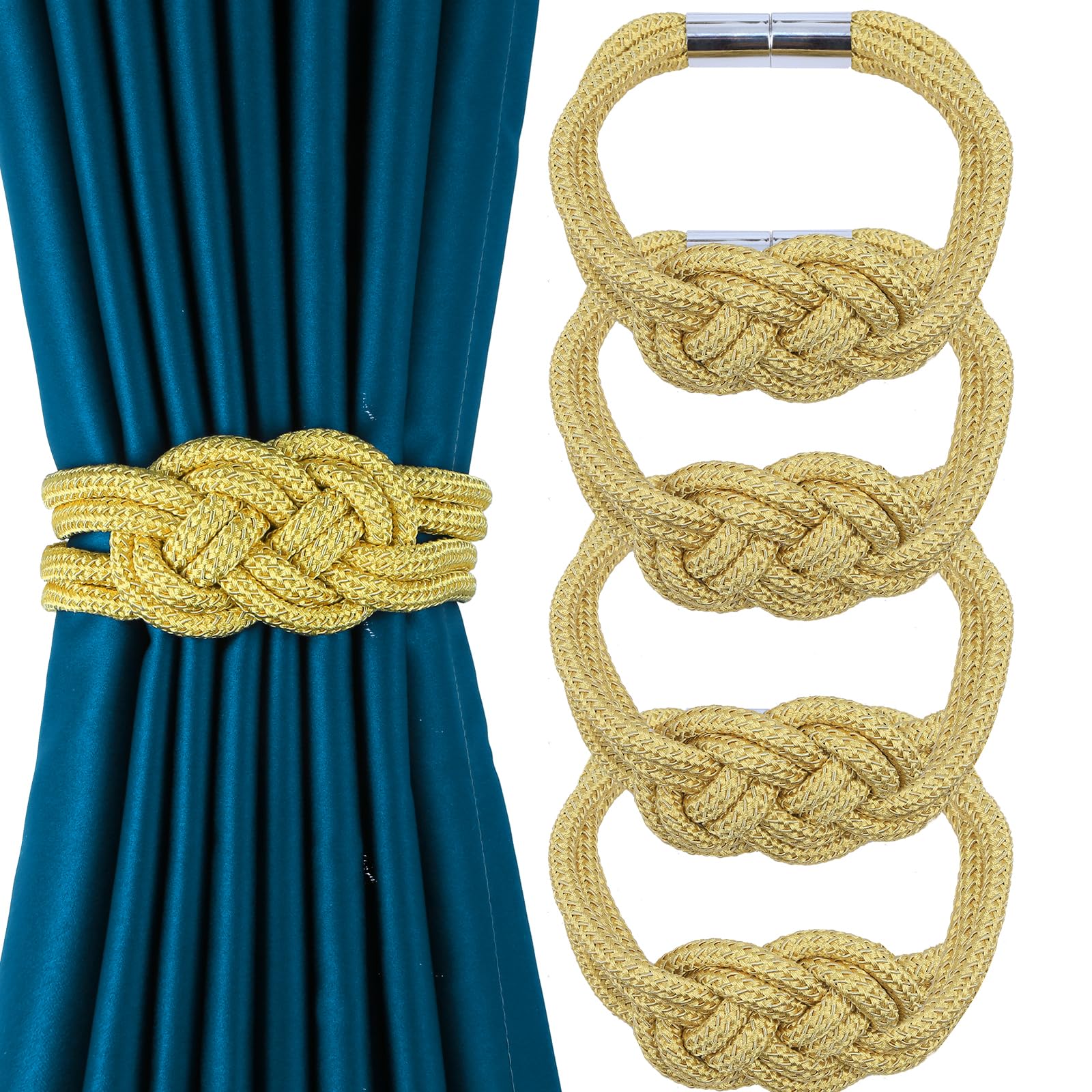 HedongHexi 4 Pack Magnetic Curtain Tiebacks, Hand Weave Rope Knot Decorative Curtain Holdbacks for Home & Office Thin Window Drapery (Gold,4P)