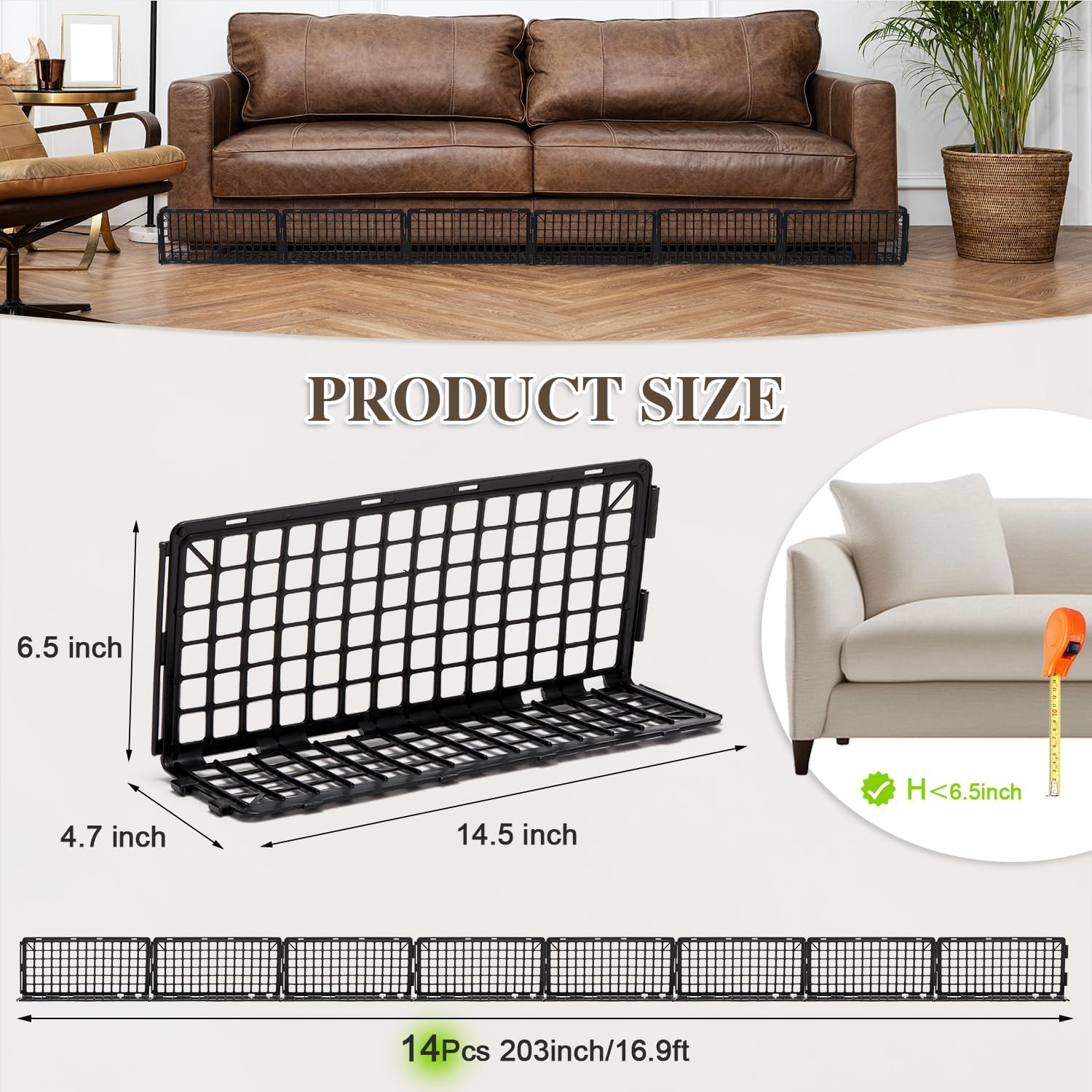 18 Pcs 261" Length in Total Under Couch Blocker, Under Bed Blocker for Pets Stop Pets from Hiding Under Furniture, Detachable Assembleable Under The Couches Blockers for Sofa Bed Cabinets, Black