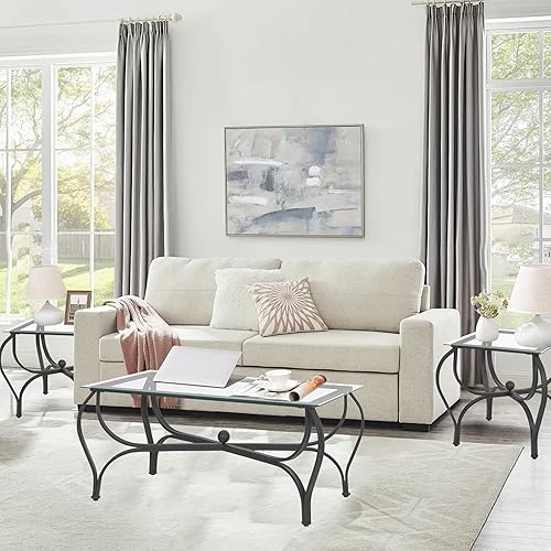 Miniatura 4 de Juego de mesa auxiliar de 3 piezas, superficie de vidrio templado, mesa auxiliar y 2 mesas auxiliares, marco de metal para sala de estar, oficina en