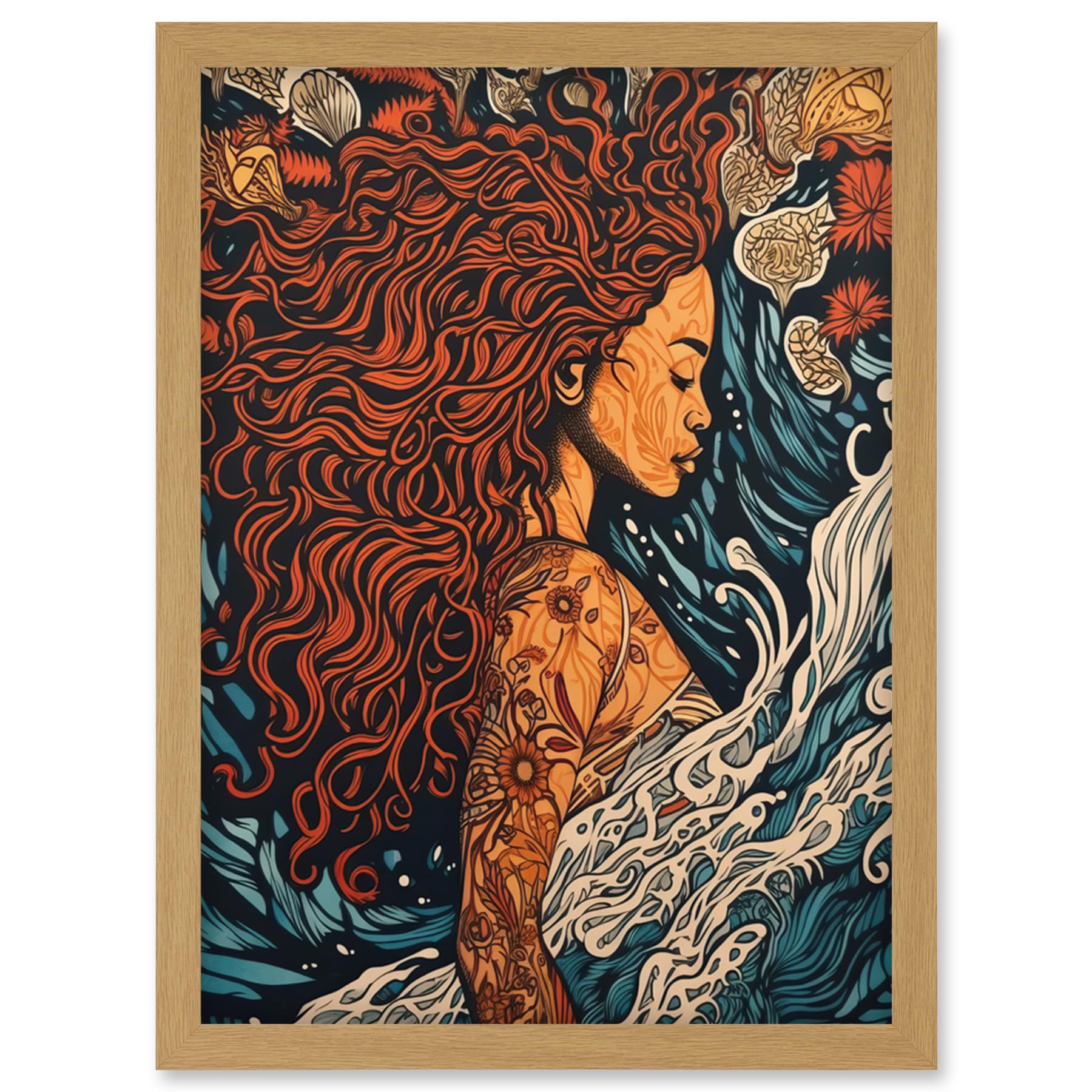 Artery8 Sea Water Nymph Modern Art Nouveau Linocut Artwork Framed Wall Art Print A4