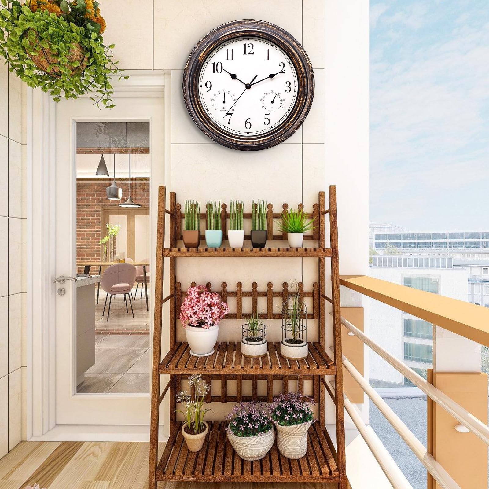 SUNOYA Orologio da giardino, resistente alle intemperie, impermeabile, 30 cm, con termometro e igrometro, per esterni, stile retrò, per bagno, giardino, cucina, veranda, senza ticchettio