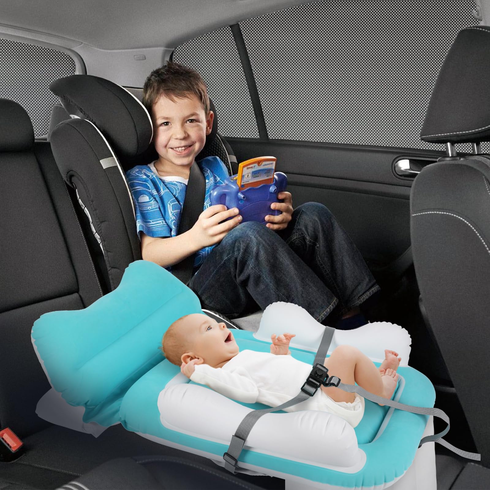 Flugzeugbett für Kleinkinder, Aufblasbares Reisebett mit Handpumpe und hohen Seiten für Flugsitz, Auto, Zug