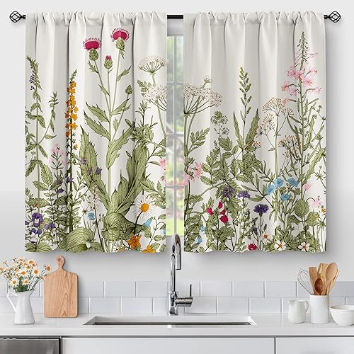 Cortinas de cocina rústicas florales con plantas Flores de primavera botánicas vintage granja campestre hojas verdes café cortinas de nivel corto