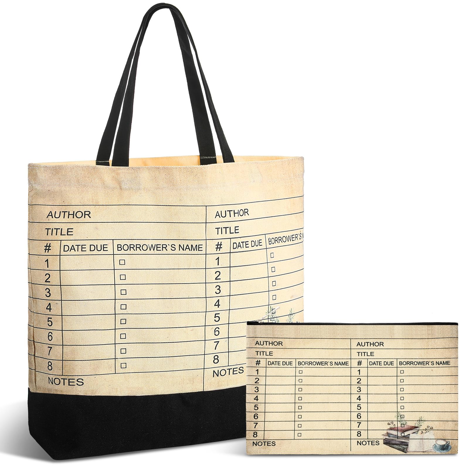 Yinder 2 Pcs Library Card Tote Bag Reusable Library Book Cosmetic Bag for Women Book Lover Librarian Gifts