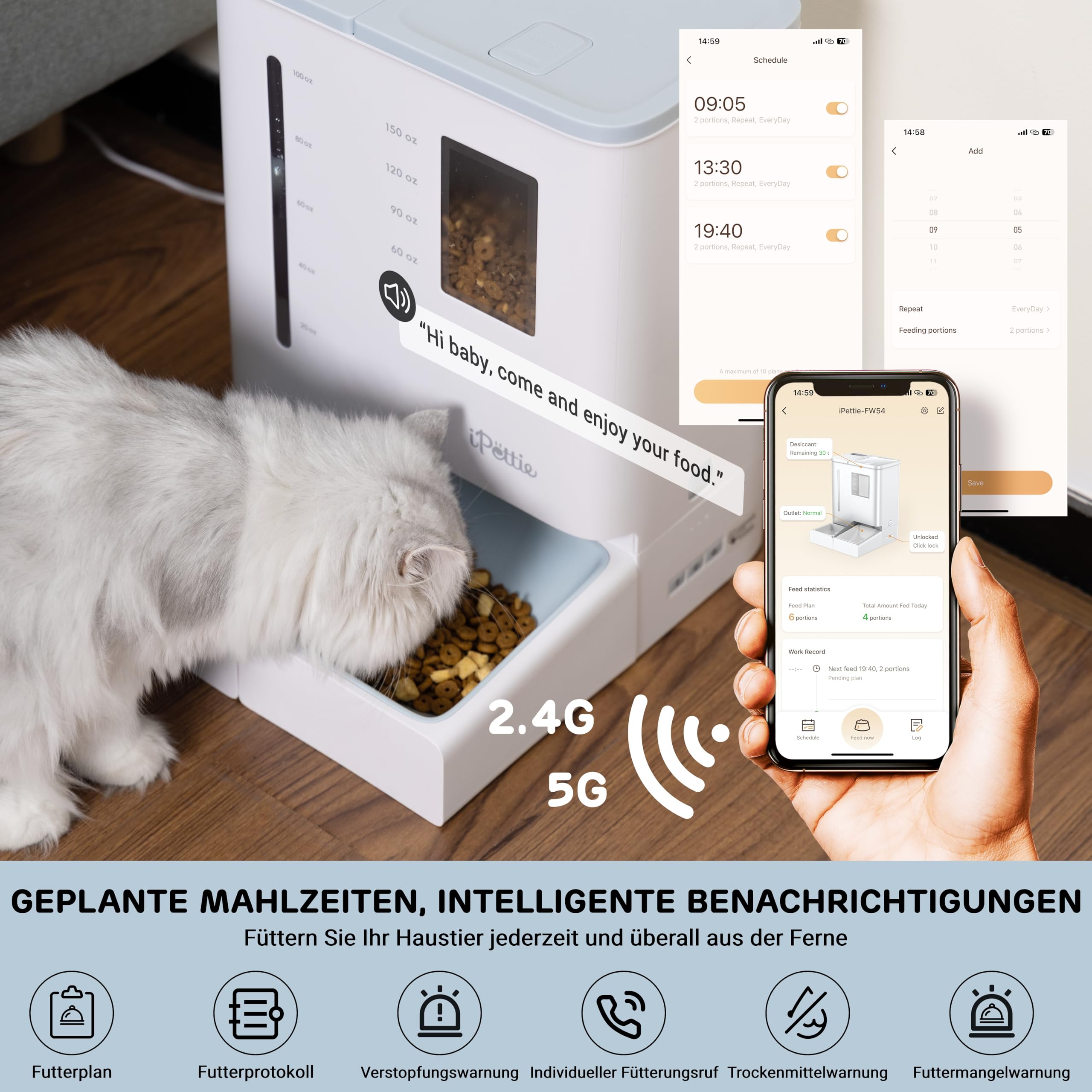 iPettie FW54 5G/2.4GHz WLAN Automatischer Futter- und Wasserspender 2-in-1 für Katzen & Hunde, 8.8L Großes Fassungsvermögen für bis zu 2 Wochen, ideal für berufstätige Tierhalter